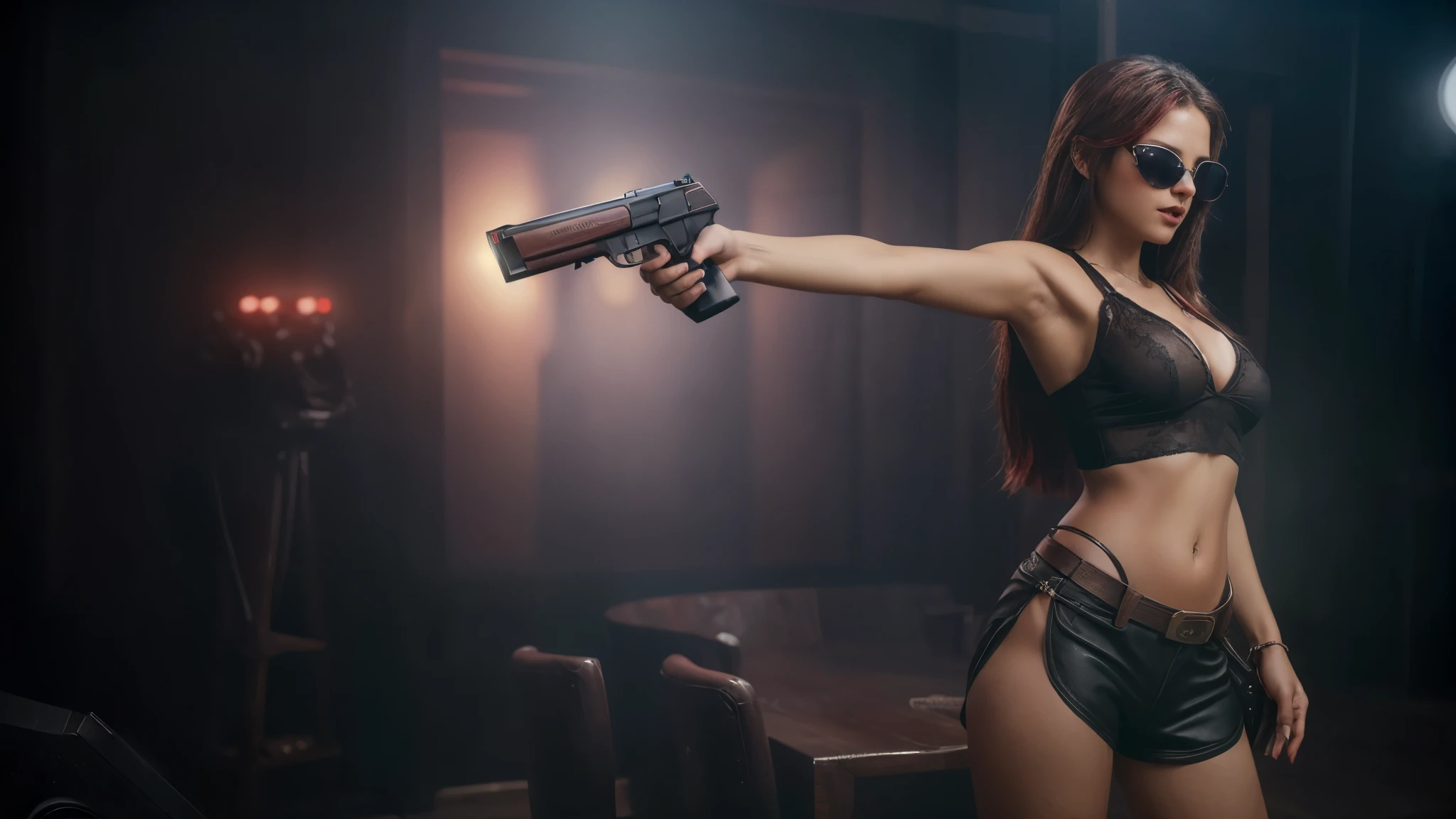 8k, masterpiece, RAW photo, best quality, photorealistic, extremely detailed CG unity 8k wallpaper, Depth of field, Cinematic Light, Lens Flare, Ray tracing, ((1girl:1.7)), ((alone:1.7)), ((seductive standing pose)), in the desert at night, deep shadow, [[Raiana-Elizabeth-Dilla]], pretty girl, (very slim slender fit-muscled body:1.3), (sexy ((see-through)) ((ultra-short ((red:1.2)) Cowboy-style uniform))), ((classic scenery,nightlife,musiclife,western)), ((whiskey glass and bottles,blues music)), (blurred background:1.4), soft lighting, (long black hairs), cleavage breasts, large breasts, realistic ((red:1.2)) clothes. (((((black sunglasses, holding pistol))))), (((half-body thigh level medium shot)))
