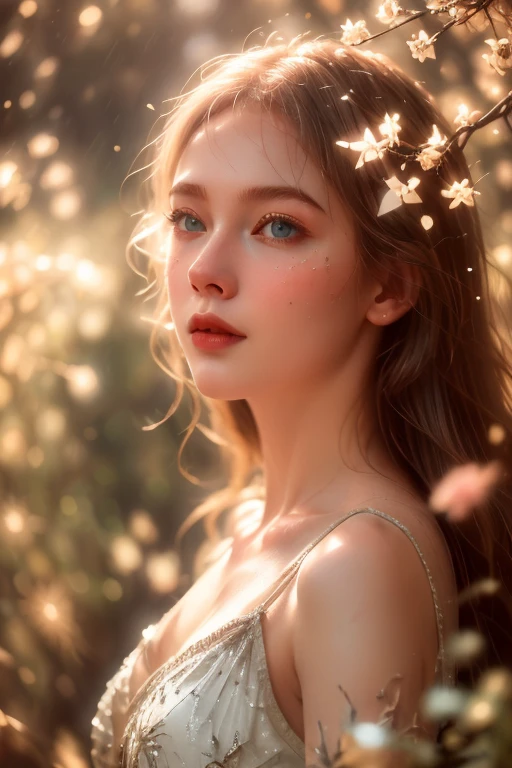 A mystical and ethereal scene with stars, flowers, nature, falling rain, etc. all composed of light and luminance, (highest quality, 4k,8k, high resolution, masterpiece:1.2), (extreme upper body close-up angle), very detailed (realistic) , realistic, realistic):1.37),cinematic lighting,dramatic atmospheric lighting,vivid colors,fantasy,surreal,luminous,dreamlike,ethereal,magical,intricate details,lush vegetation,tranquil,delicate,intricate,elegant,soft focus ,movie-like, dramatic, wonderful composition