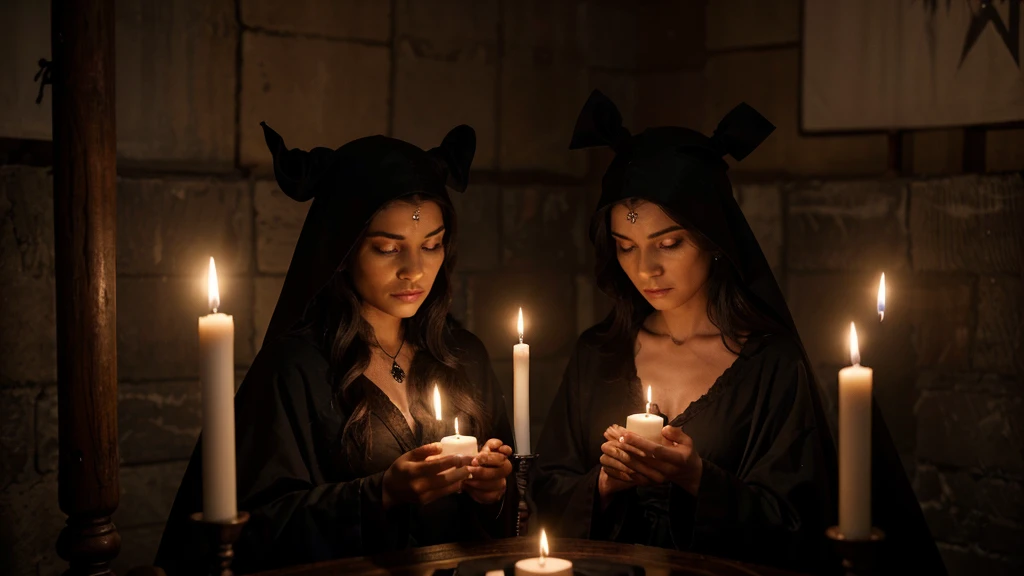 three friends, in witchcraft ritual, in black robes, candles, voodoo, clear and ultra realistic image