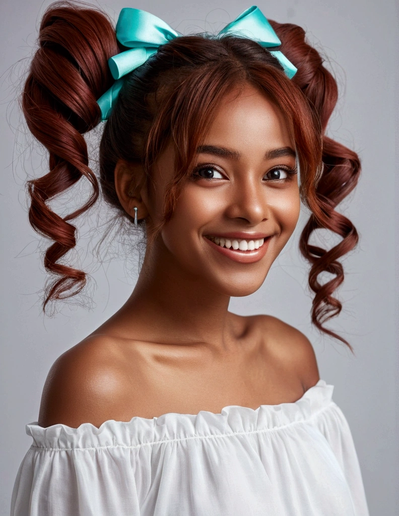 (Master Parts, Highest quality) Expressive, happy eyes, Perfect Face, 1 attractive beautiful woman, whole body, Brown Skin, A loose oversized white dress, Exposed shoulders, Close your mouth and smile brightly, Cyan Twintails, Dark brown eyes, wavy red hair