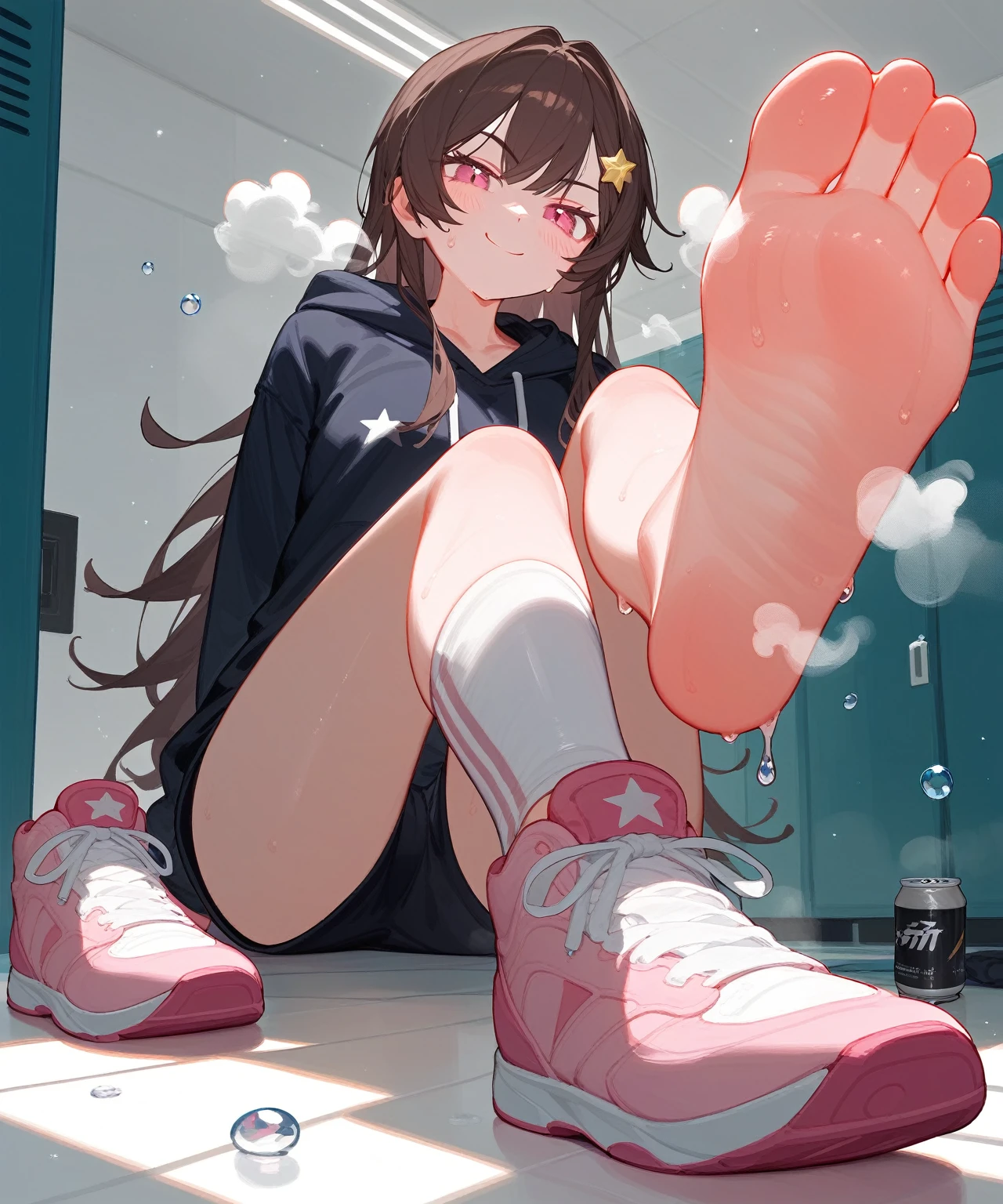 wallpaper,浅蓝色Sweatshirt,The background is in the dressing room,sit on the floor, Long hair,best quality, Very detailed, masterpiece, Extremely detailed, illustration, Sky,Foot Focus, Smirk, barefoot,Stinky feet,Steam around feet,脚底Sweating很多,There are a lot of water drops on the soles of feet,Water dripping from the soles of feet,Sweating all over,Sweating,Pink Eyes,There is a big five-pointed star hairpin in the hair,Sweatshirt,Brown hair,Each foot can only have five toes,There is a pair of sneakers next to it