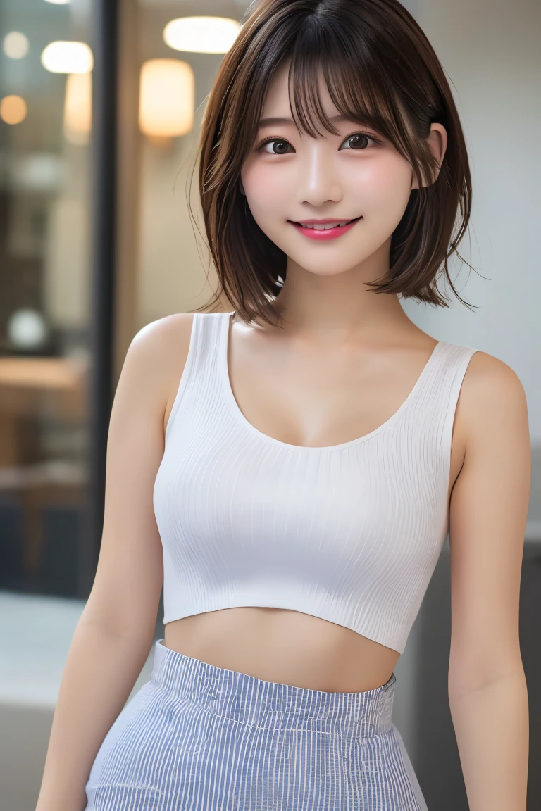 Highest quality、(beautiful)、Brown Hair、looking at the camera、Upper Body、Close-up、Larger breasts、smile、Semi-short hair、A tight-fitting dress with an open chestTshirt、Shorts、Belly button、slouch