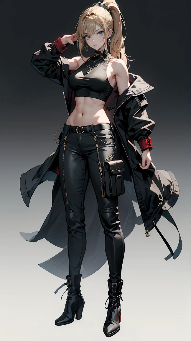 Highest quality、masterpiece、8k、Realistic、超High resolution、Very delicate and beautiful、High resolution、Fantasy World、Muscle Girl、Gal、Perfect female body、Beautiful woman、Mature Woman、Blonde、ponytail、Bright green eyes、Six Pack、Earrings、Toned body、big 、Black military uniform、Tank top、I can see your belly、Black trousers、boots、cigarette、Wild Pose、Full body emphasis、Simple Background