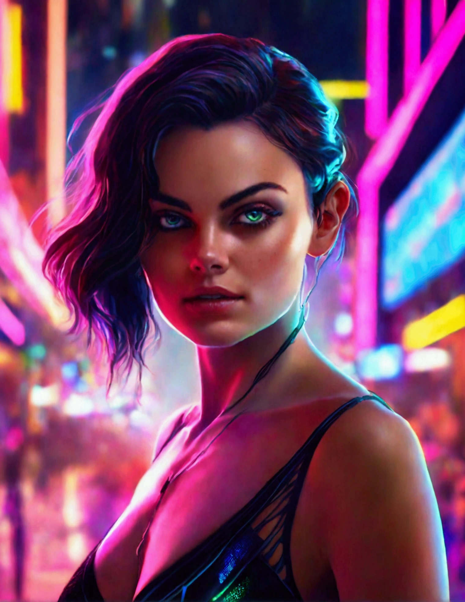 Mila Kunis,20 years old,skimpy outfit,playful,cyberpunk city,neon lights,high-tech,futuristic cityscape,detailed face,beautiful eyes,long eyelashes,detailed facial features,flawless skin,dynamic pose,graceful movements,ultrarealistic,cinematic lighting,vibrant colors,8k,photorealistic,Ray tracing,volumetric lighting,dramatic shadows
