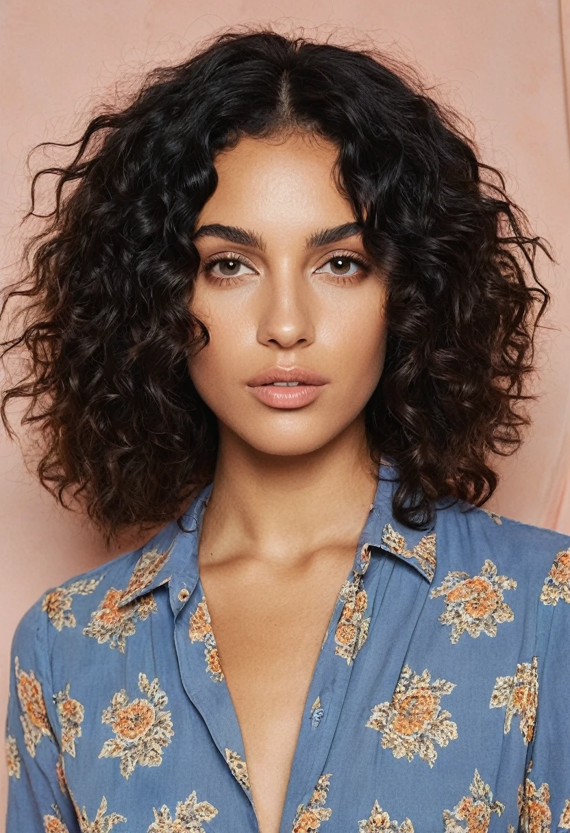 CamilaMendes,A portrait of a woman with a natural and close look. Black curly hair with blonde highlights, falling freely on her shoulders. Her facial features include full lips, a straight nose, and long, almond-shaped eyes, all set in soft, luminous skin with a slight blush on her cheeks. You should wear a garment printed with a floral or paisley design in orange, blue, and beige. The lighting should be soft, creating soft shadows that accentuate your features.