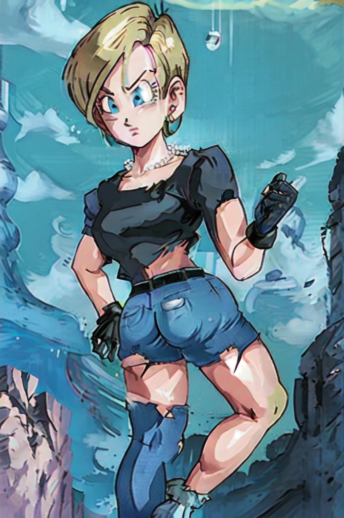 best quality, high definition, and18, 1girl, Android 18, solo, blonde hair, blue eyes, belt, jeans, pearl_necklace, bracelet, black gloves, cleavage, white shirt, short hair, short sleeves, earrings, blue pants, open vest, black vest, big breasts, wide hips, ass, legs apart, city, (torn clothes: 1.5), erotica, standing, expressionless,