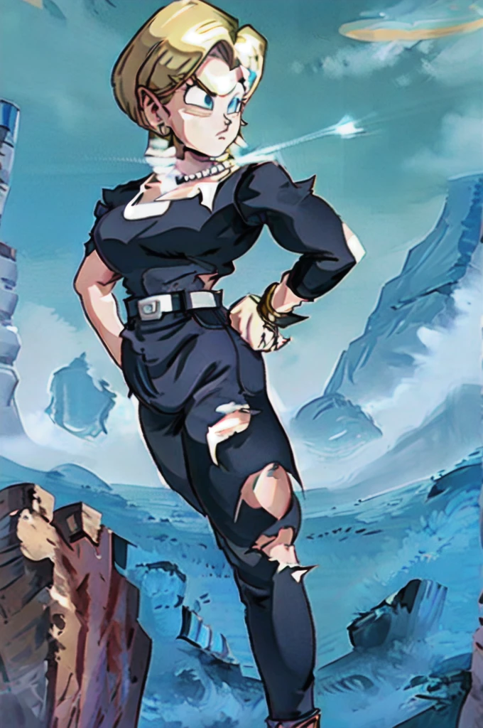 best quality, high definition, and18, 1girl, Android 18, solo, blonde hair, blue eyes, belt, jeans, pearl_necklace, bracelet, black gloves, cleavage, white shirt, short hair, short sleeves, earrings, blue pants, open vest, black vest, big breasts, wide hips, ass, legs apart, city, (torn clothes: 1.5), erotica, standing, expressionless,