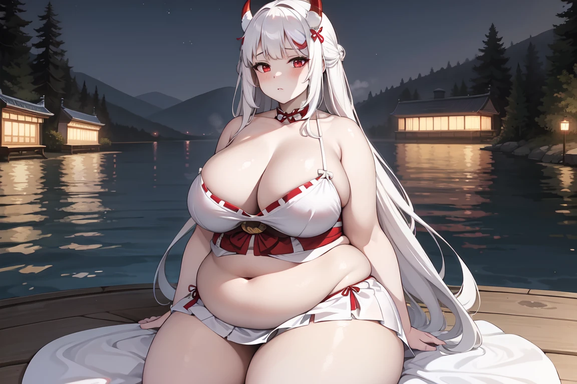 1girl, white hairs, red eyes, skimpy white-red kimono, long hair, massive breasts, mature, lake, night, cleavage, Oni, armored skirt, oni horns