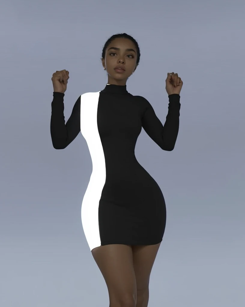 Blank studio background, (Beautiful girl, Yara Shahidi, Laura Harrier, Scai Jackson, young Deepika Padukone), Wearing tight white and black cotton-Lycra-fabric long sleeve mini dress, round breasts, (HDR, 8K, perfect lighting, vivid, vibrant, detailed: 1.4), (hyper realistic, movie graphics)