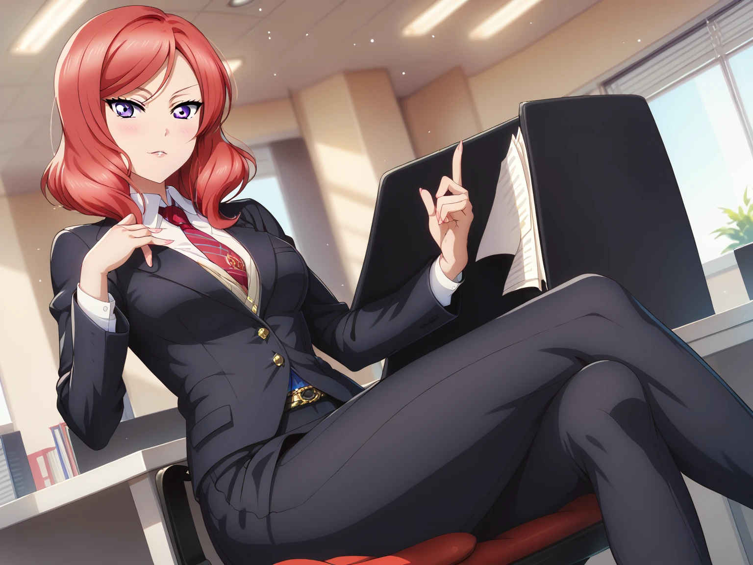 masterpiece, best quality,solo, nishikino maki,red hair, purple eyes, black formal suit, pants, sitting , crossed legs ,neck tie, Sexual seduction, sexualised ,in office ,  big breasts 
