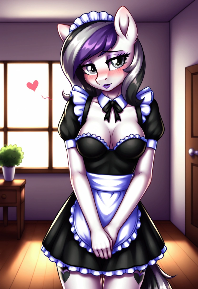 My little pony, (anthro), ((maid uniform)), ((two-tone hair with black on top and white underneath)), pale white body, gray eyes, medium breasts, purple lips, perfect lines, heart cutie mark, beautiful quality, more details, room, shy