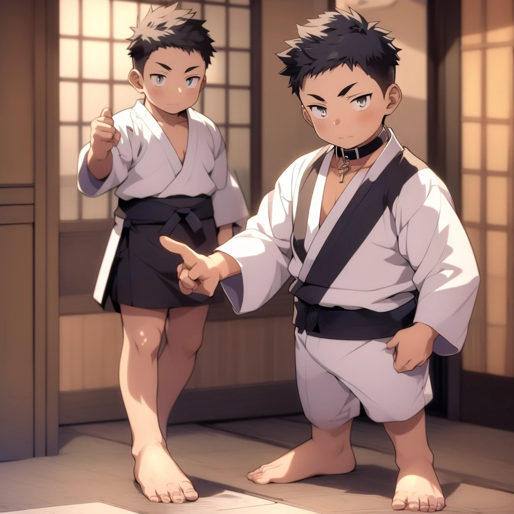(Masterpiece), (Best Quality), ((Highly Detailed)) Boy with his hand on the glass, wearing a collar, full body, 4k, 8k, anime style --niji 6
