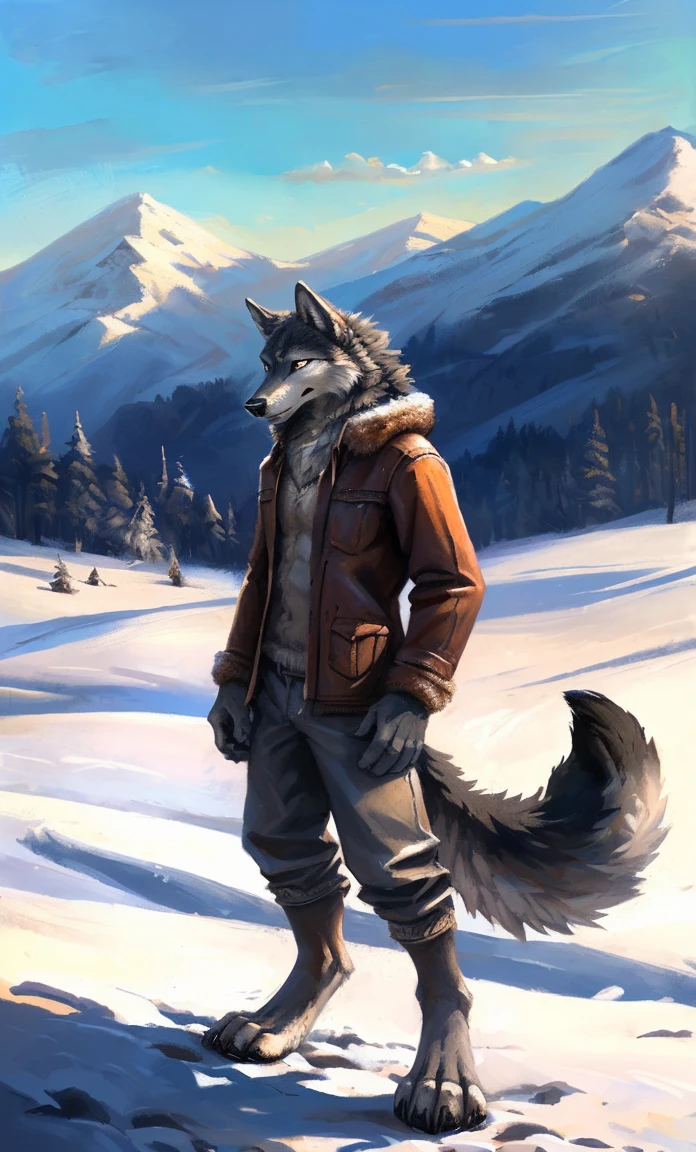 ((standing alone)), male people, anthropo lobo, (multicolored skin, White Brown:1.3,Pointed gray tail), (height 1.8m,Tail length 1.2M), ((wolf face, eyes large, White eyelids, Cyan pupil, Scrawny:1.2) (difficult, calm expression:1.2)), Scrawny, ping)), (anatomical correct), (winter clothing:1.1), Naked upper body, (detailed clothing),A long big tail,feet,(realisic skin, detailed skin texture, labeled:1.3)), (natural lighting), photorrealistic, hyper realist, ultradetailed, por Kenket,snow field,erect through,Continuing, Gray arms, anteGray arms, White hands, feet brancos, gray legs.