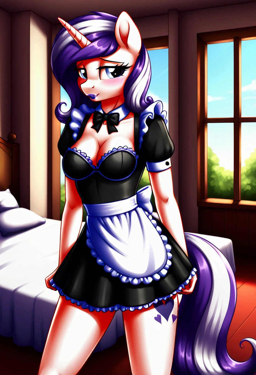 My little pony, (anthro), ((maid uniform)), ((two-tone hair with black on top and white underneath)), pale white body, gray eyes, medium breasts, purple lips, perfect lines, heart cutie mark, beautiful quality, more details, room, shy