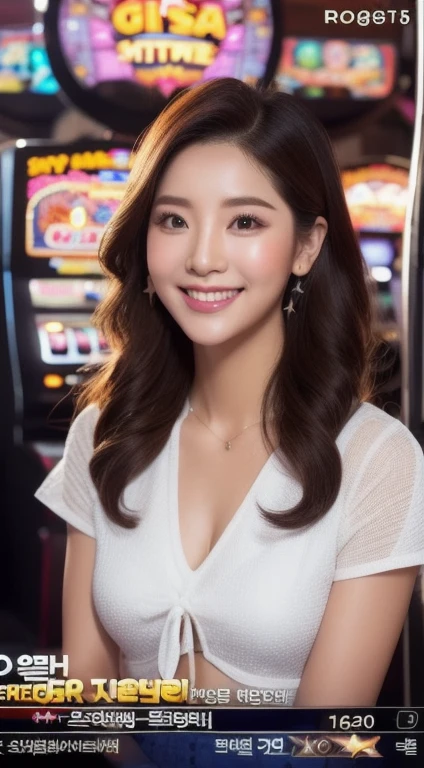 Realistic photos of (1 cute Korean star) Tie your hair, Put on some makeup, Medium chest size, smile a little, crop top, in the boat, sunset light, hatching (Texture), Emphasis line, Mixing, Ray Tracing, UHD, Highly detailed, 16ก(The background is a modern casino and slot machines, a modern PG company.)