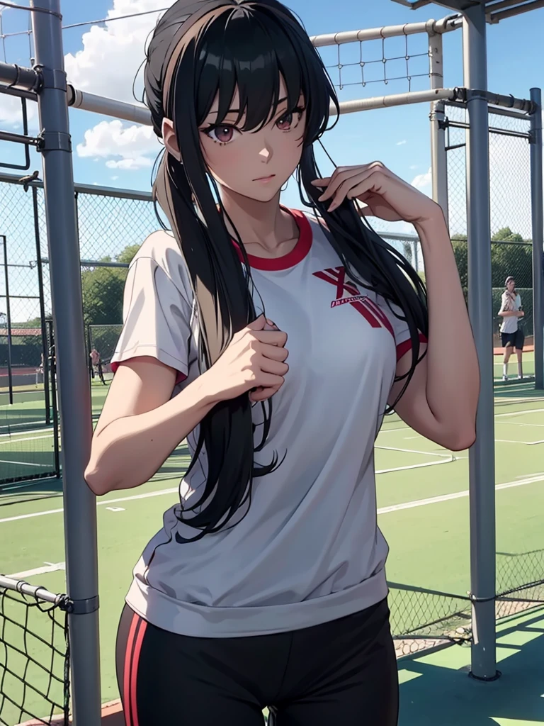 Yor foger form spy x family anime, 1woman, as an athlete, wearing a sports t-shirt and pants, at a playground, yor's hair style, 8k, high detailed, high quality