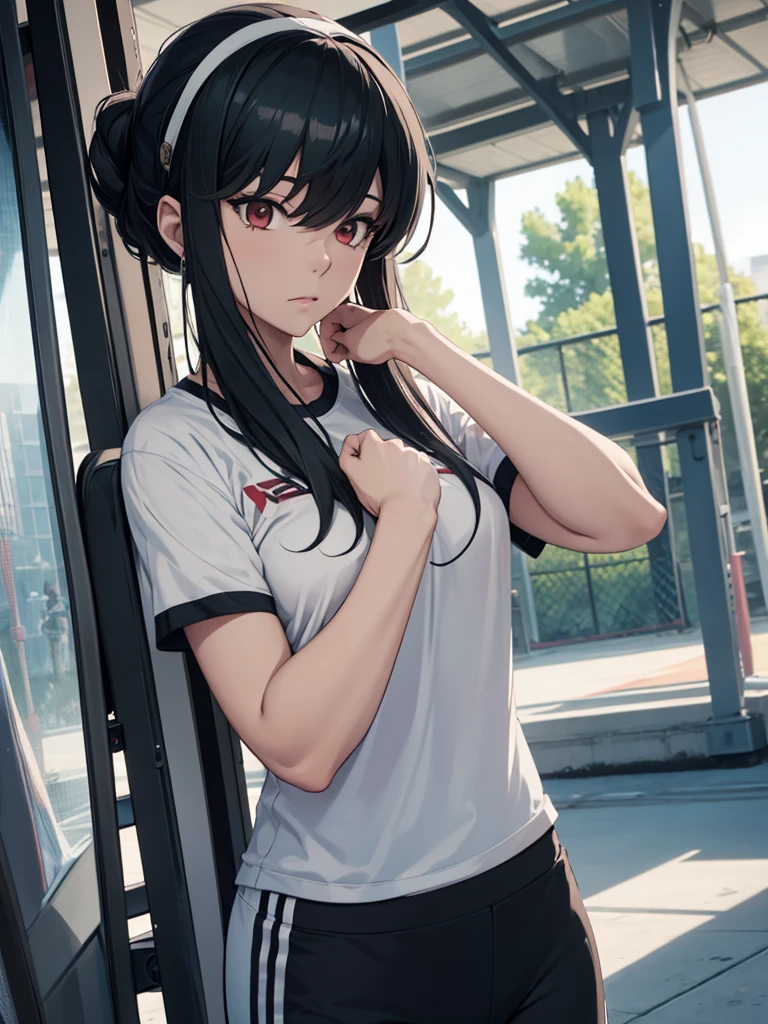 Yor foger form spy x family anime, 1woman, as an athlete, wearing a sports t-shirt and pants, at a playground, yor's hair style, 8k, high detailed, high quality