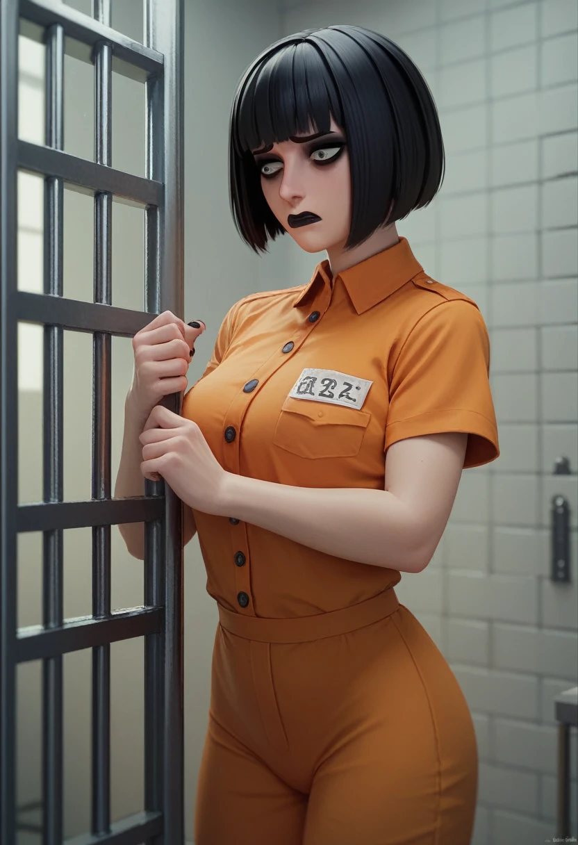 pov, goth girl. goth make up, bob hair cut, bangs, inside a cell, in jail, nervous, orange prison uniform, orange pants, 3d, fat man, skinny, nail polish, footjob