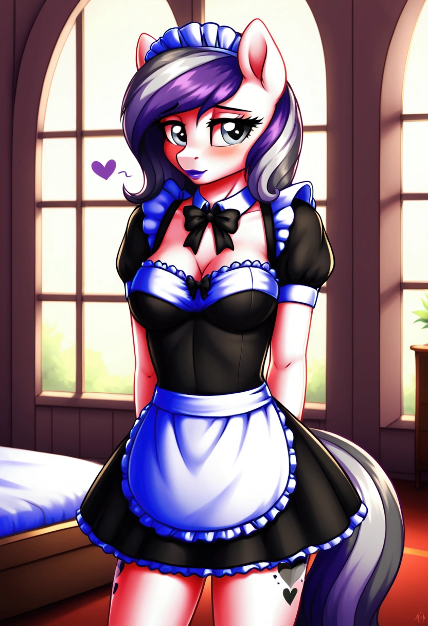 My little pony, (anthro), ((maid uniform)), ((two-tone hair with black on top and white underneath)), pale white body, gray eyes, medium breasts, purple lips, perfect lines, heart cutie mark, beautiful quality, more details, room, shy