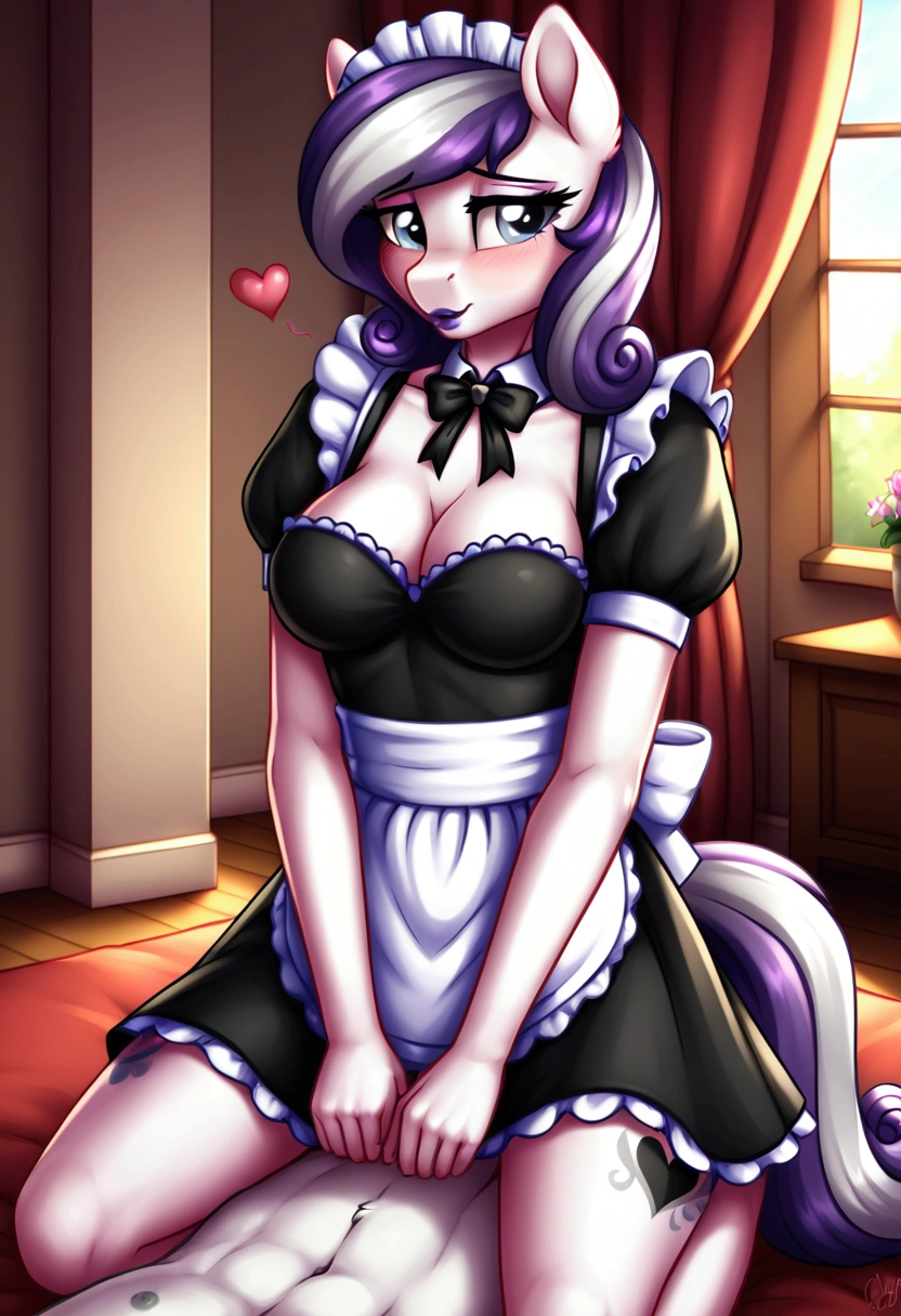 My little pony, (anthro), ((maid uniform)), ((two-tone hair with black on top and white underneath)), pale white body, gray eyes, medium breasts, purple lips, perfect lines, heart cutie mark, beautiful quality, more details, room, shy