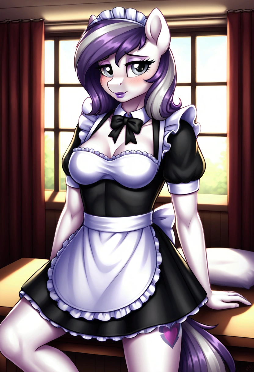 My little pony, (anthro), ((maid uniform)), ((two-tone hair with black on top and white underneath)), pale white body, gray eyes, medium breasts, purple lips, perfect lines, heart cutie mark, beautiful quality, more details, room, shy