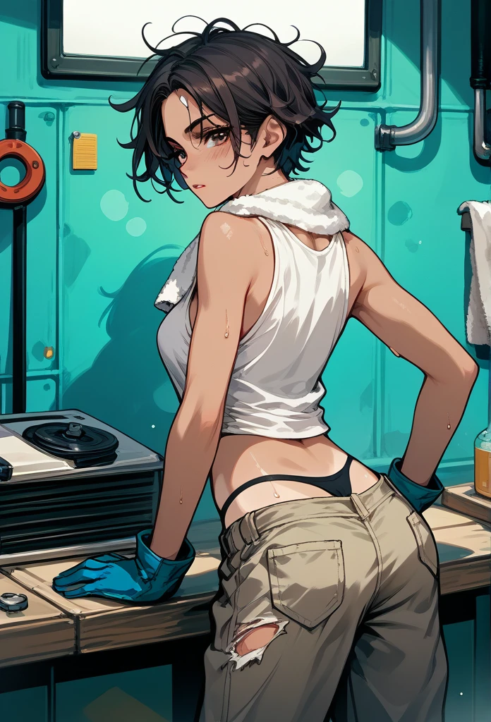 masterpiece, best quality, mature woman, messy hair, black hair, brunette gradient hair color, hot face, (tomboy face), tan skin, mature body, fit body, medium breasts, mechanic gloves, (dirty tank top), stained tank top, midriff, white bandana, mechanic pants, loose pants, workshop, (sweaty), bending over, towel around neck, back view, black thong lines, ripped pants