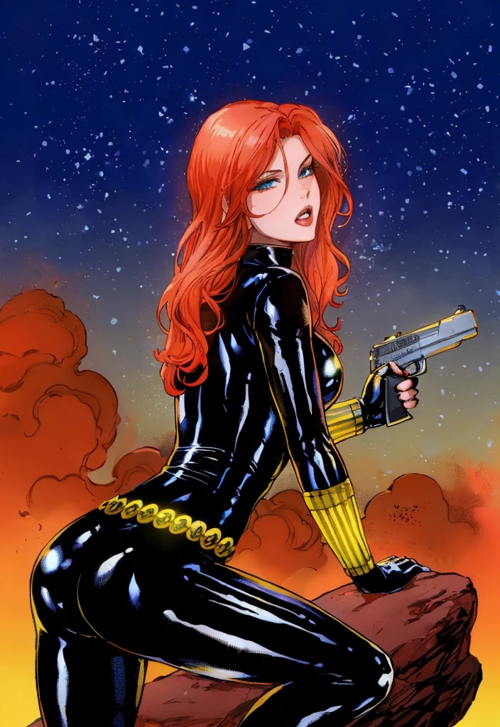  Black Widow, is known from the Marvel series. She's depicted with red hair and blue eyes, dressed in a sleek skin-tight shiny black latex bodysuit with a belt made of golden circles. She's holding a gun in her left hand, and she's in a crouching pose on a rock. The background features a bold red sky with white stars. The character appears ready for action.