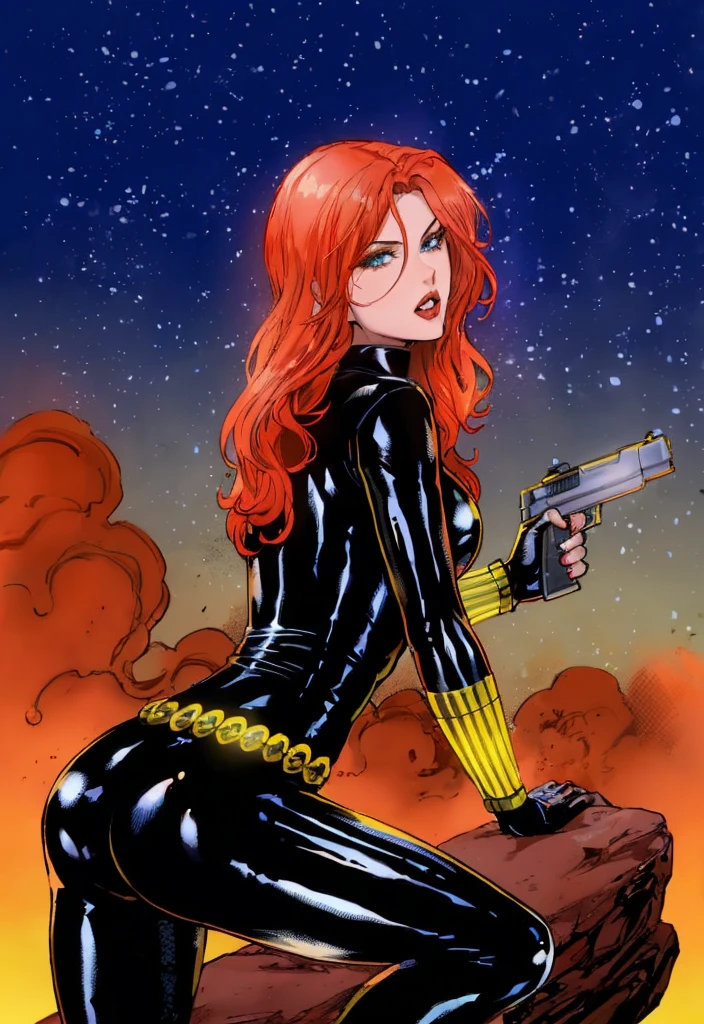 Black Widow, is known from the Marvel series. She's depicted with red hair and blue eyes, dressed in a sleek skin-tight shiny black latex bodysuit with a belt made of golden circles. She's holding a gun in her left hand, and she's in a crouching pose on a rock. The background features a bold red sky with white stars. The character appears ready for action.