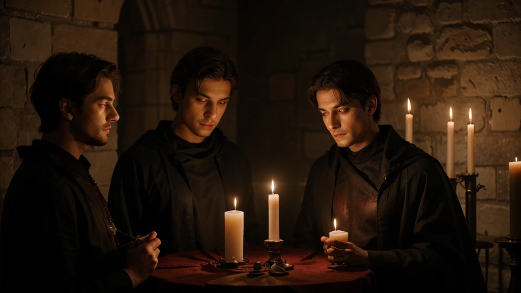 Three men, 20 years old, within the ritual, blood candles, dark black tunic