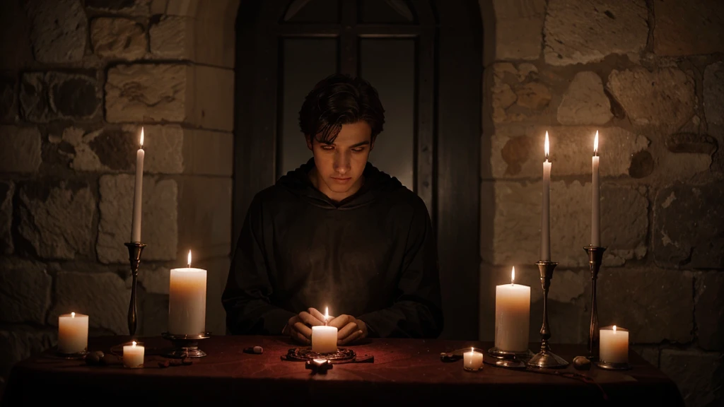Three men, 20 years old, within the ritual, blood candles, dark black tunic