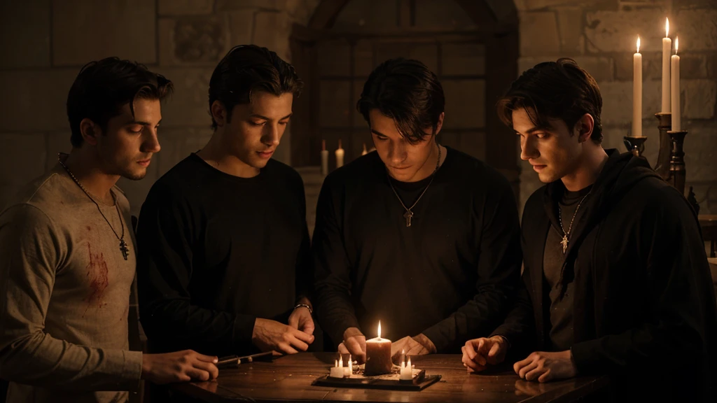 Three men, 20 years old, within the ritual, blood candles, dark black tunic