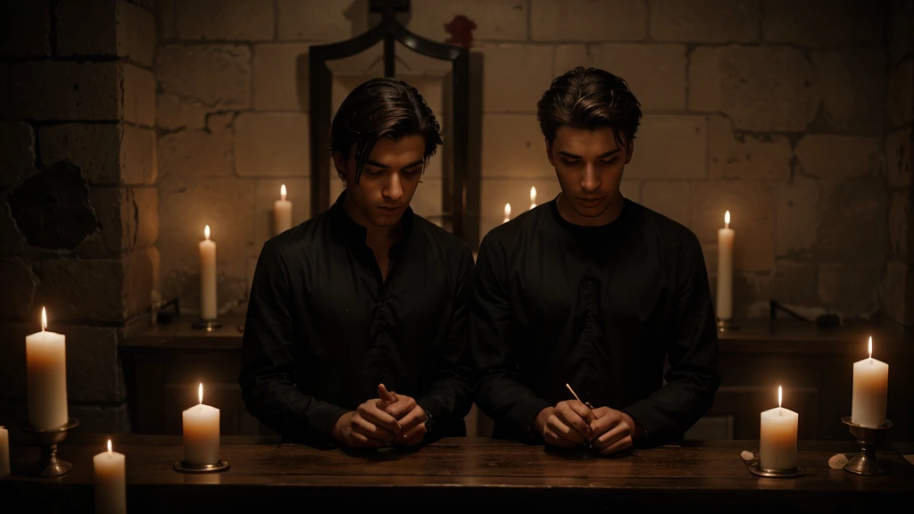 Three men, 20 years old, within the ritual, blood candles, dark black tunic