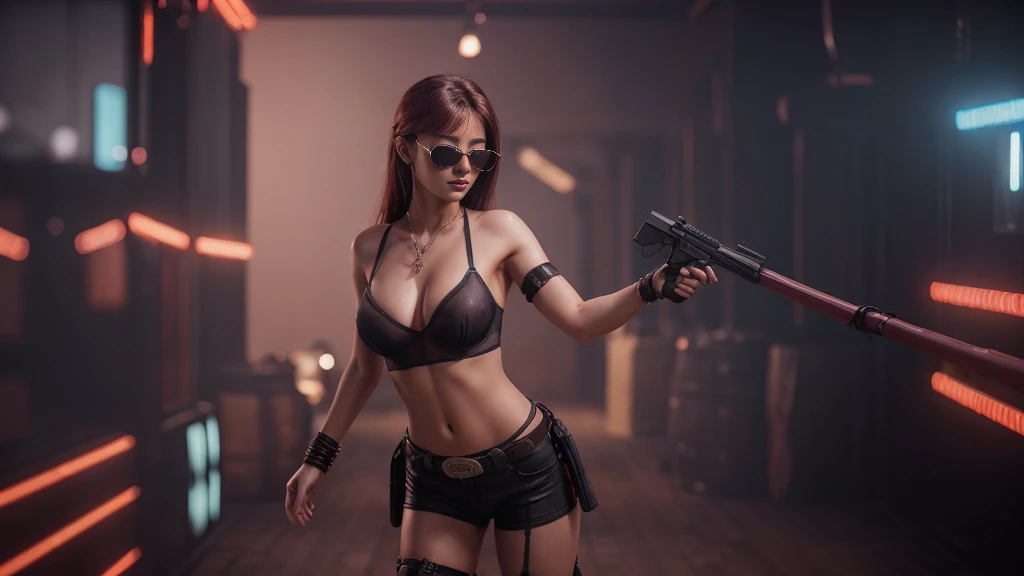 8k, masterpiece, RAW photo, best quality, photorealistic, extremely detailed CG unity 8k wallpaper, Depth of field, Cinematic Light, Lens Flare, Ray tracing, ((1girl:1.7)), ((alone:1.7)), ((seductive standing pose)), in the desert at night, deep shadow, [[Raiana-Elizabeth-Dilla]], pretty girl, (very slim slender fit-muscled body:1.3), (sexy ((see-through)) ((ultra-short ((red:1.2)) Cowboy-style uniform))), ((classic scenery,nightlife,musiclife,western)), ((whiskey glass and bottles,blues music)), (blurred background:1.4), soft lighting, (long black hairs), cleavage breasts, large breasts, realistic ((red:1.2)) clothes. (((((black sunglasses, holding pistol))))), (((half-body thigh level medium shot)))