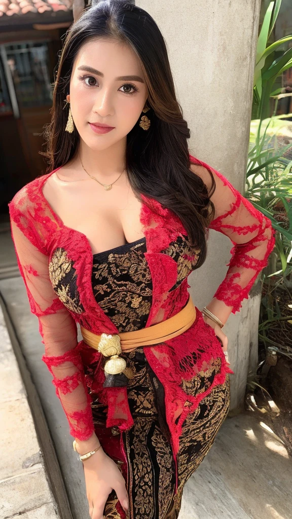 masterpiece, ultra realistic,32k,intricate details, sharp focus, realistic, closed, seductive pose, black eyes, jewelr, lips, realistic, looking_at_viewer, 1girl, sexy, wet skin, shiny skin, long sleeves, indonesian clothes, bali, balinese, cityscape, dinamic pose, red kebaya, saroong, sandals, full body, busty body, curvy body, c cup size breast, long hair, bang hairstyle, beauty face, front view, figure to camera, face to camera, long distance shot, correct anatomy, perfect anatomy, propotional body