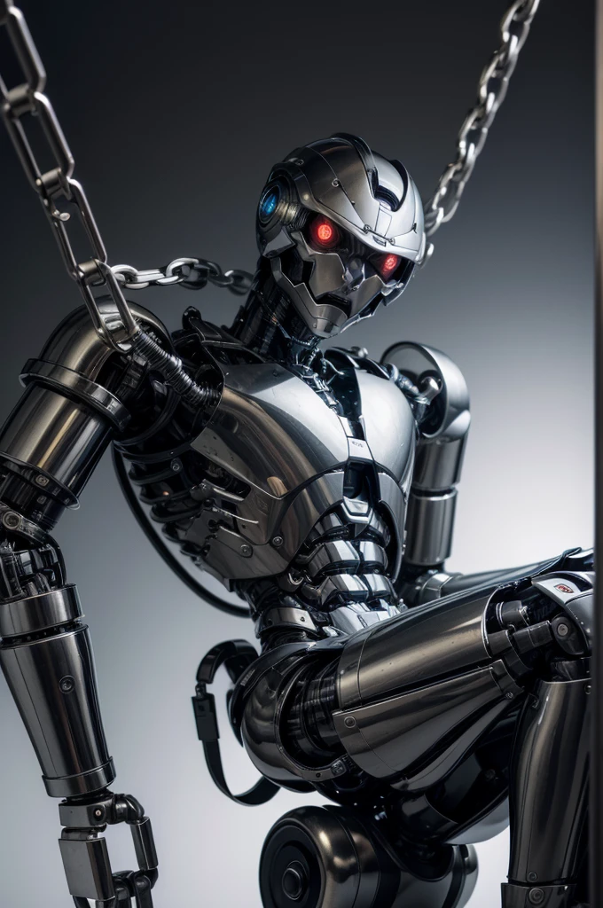 industrial, a male humanoid made of polished steel with mechanical body parts and robotic arms,looking at the camera, hinges with chains, neutral background
