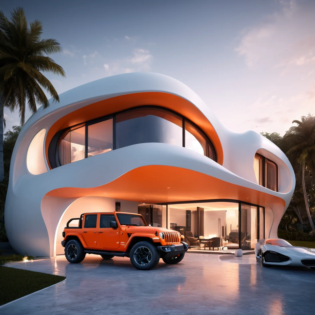 a futuristic house with an orange jeep wrangler parked in front of it, cgsocietywlop, beautiful curves, intricate devilish designs, qualia, interesting shapes & form, wow factor, elaborate polished, architectural rendering, miami, orange soft lighting in interior of house, futuristic battlefield, inspired by James E. Brewton, precise architectural rendering
