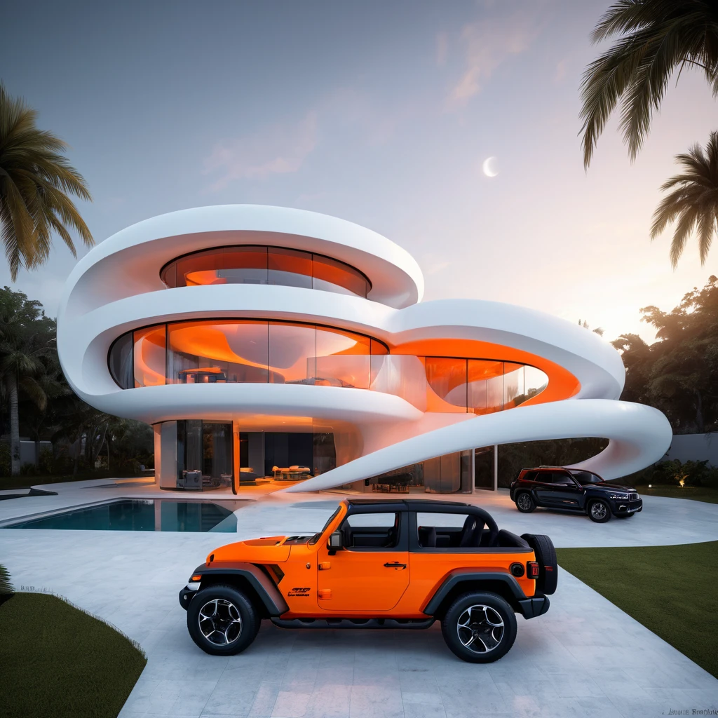 a futuristic house with an orange jeep wrangler parked in front of it, cgsocietywlop, beautiful curves, intricate devilish designs, qualia, interesting shapes & form, wow factor, elaborate polished, architectural rendering, miami, orange soft lighting in interior of house, futuristic battlefield, inspired by James E. Brewton, precise architectural rendering