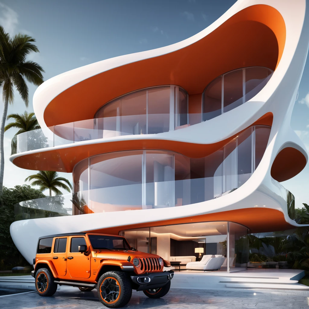 a futuristic house with an orange jeep wrangler parked in front of it, cgsocietywlop, beautiful curves, intricate devilish designs, qualia, interesting shapes & form, wow factor, elaborate polished, architectural rendering, miami, orange soft lighting in interior of house, futuristic battlefield, inspired by James E. Brewton, precise architectural rendering