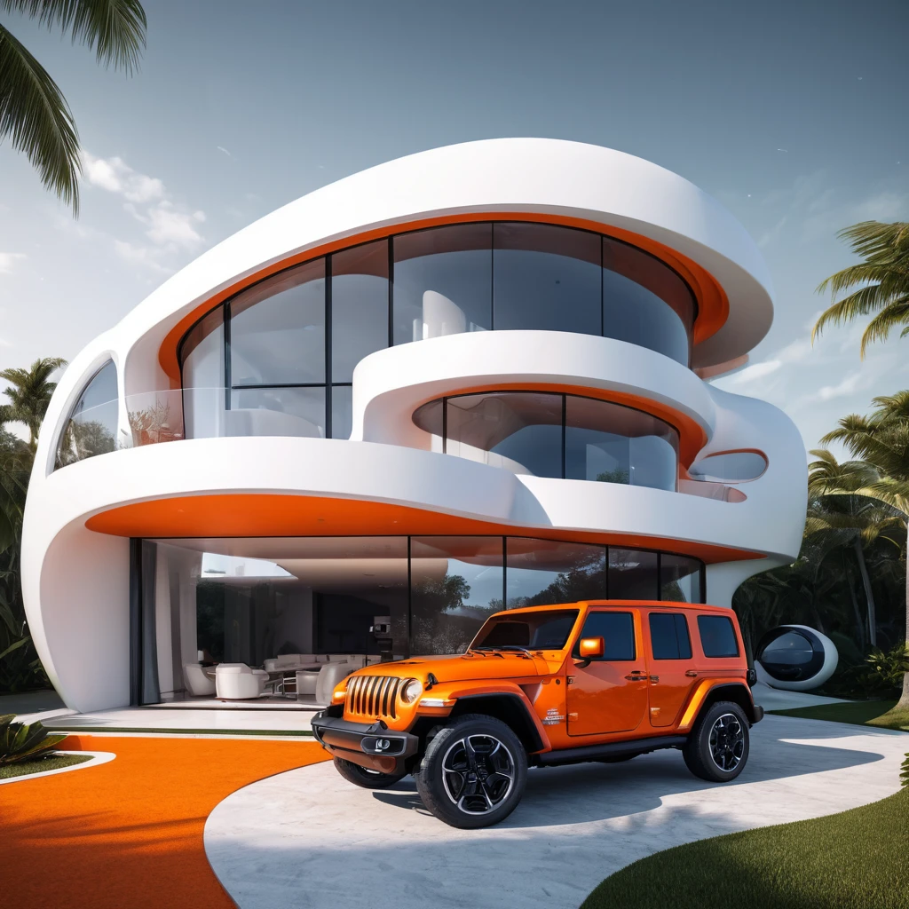 a futuristic house with an orange jeep wrangler parked in front of it, cgsocietywlop, beautiful curves, intricate devilish designs, qualia, interesting shapes & form, wow factor, elaborate polished, architectural rendering, miami, orange soft lighting in interior of house, futuristic battlefield, inspired by James E. Brewton, precise architectural rendering