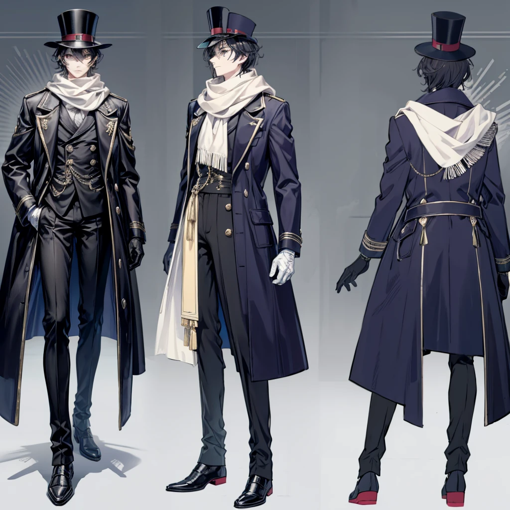Male character,Quite well-dressed with a fancy coat fitting to his status as a train conductor as well as a top hat, scarf, and gloves, Implied to be a ghost or some other kind of undead being due to belonging in the Ghost Station, Although not young, he does appear to be quite pale and thin, ghostly feel to him, Has some sort of obscurity going on with his eyes due to the shadow of his cap, He also has noticeable eye circles, Italian, T-pose, character turn around design sheet, full body, portrait in left corner, mystical powers, super hero vibe