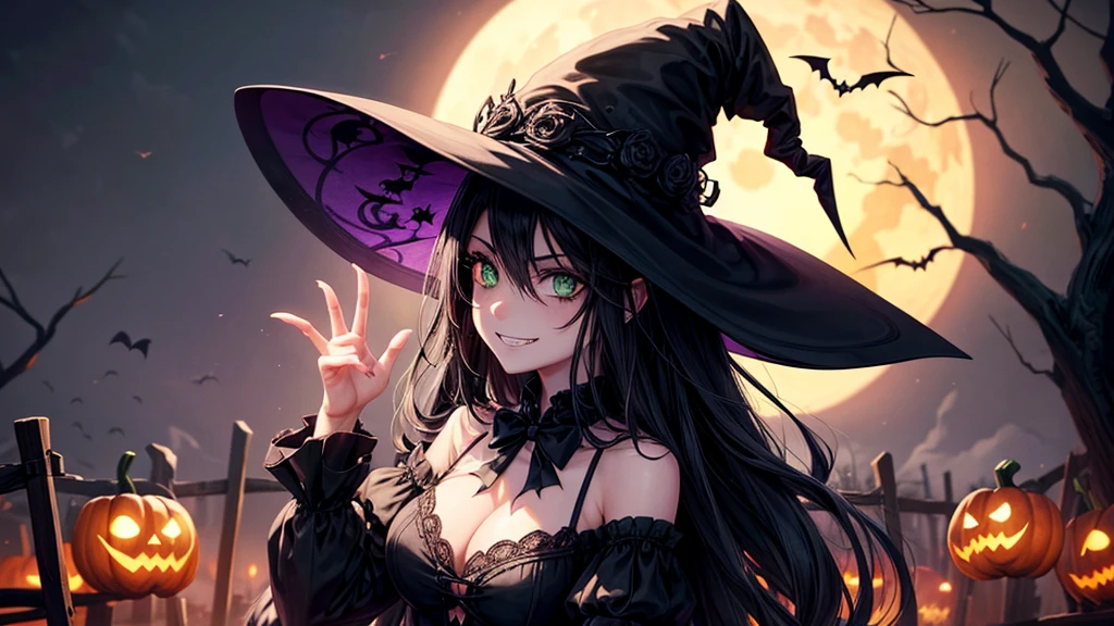 1girl, very detailed, gothic, witch, with hat, black hair, black dress, long hair, green eyes, witch brrom in hand, grin, spooky, halloween, pumpkin lantern, skeletons, bats, owl, moon, trees, road, fence, graveyard, zombie