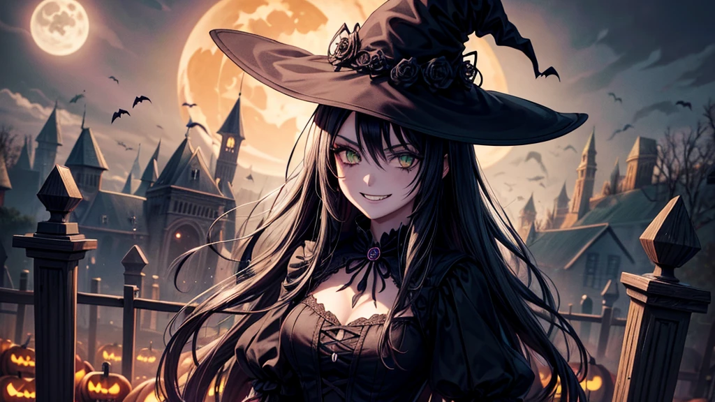 1girl, very detailed, gothic, witch, with hat, black hair, black dress, long hair, green eyes, witch brrom in hand, grin, spooky, halloween, pumpkin lantern, skeletons, bats, owl, moon, trees, road, fence, graveyard, zombie