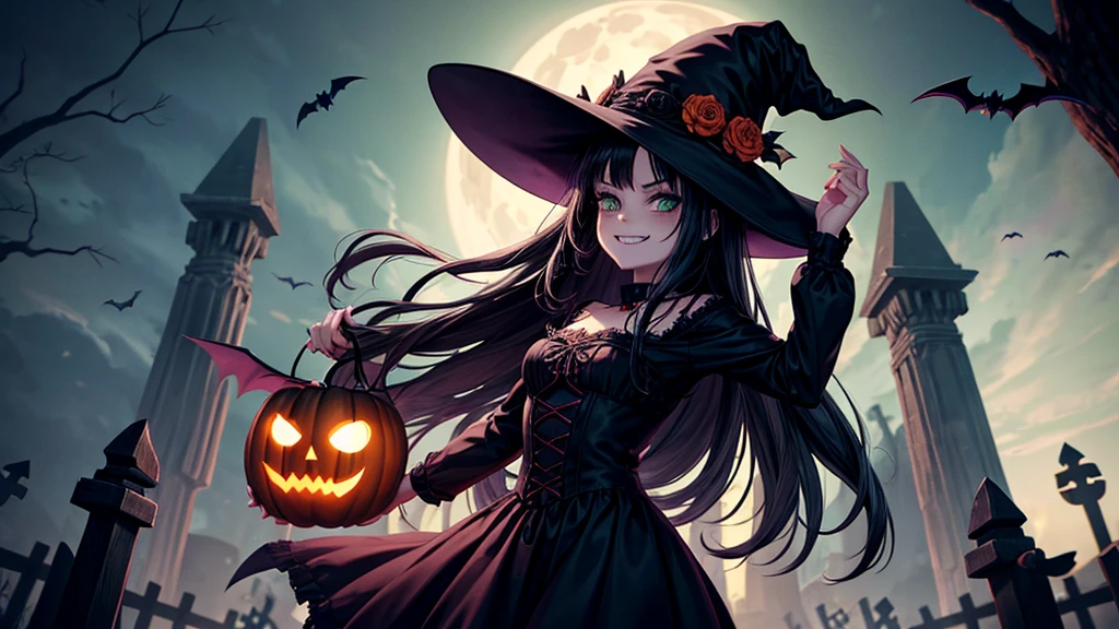 1girl, very detailed, gothic, witch, with hat, black hair, black dress, long hair, green eyes, witch brrom in hand, grin, spooky, halloween, pumpkin lantern, skeletons, bats, owl, moon, trees, road, fence, graveyard, zombie