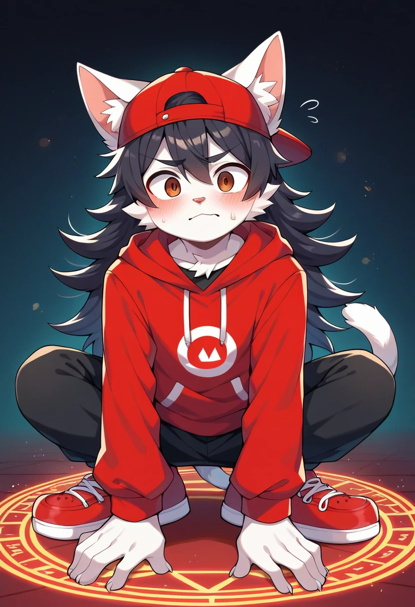 masterpiece, best quality, expressive eyes, perfect face, a man get transformed into a furry cat, furry cat, white fur, cat tail, cat ears, solo, surpriced, blushed, black hair, long hair, red baseball cap, black shirt, red hoodie, black sports pants, red sport shoes, brown eyes, full body, in a magic maze, glitter, embarrassed pose, magic circle on the floor.