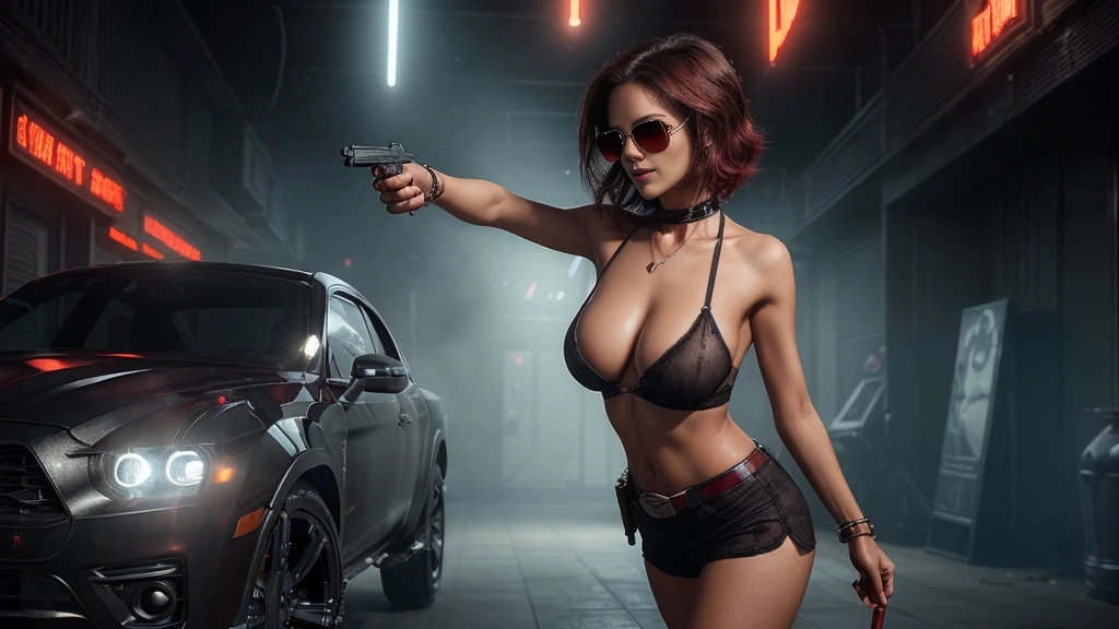 8k, masterpiece, RAW photo, best quality, photorealistic, extremely detailed CG unity 8k wallpaper, Depth of field, Cinematic Light, Lens Flare, Ray tracing, ((1girl:1.7)), ((alone:1.7)), ((seductive standing pose)), in the desert at night, deep shadow, [[Raiana-Elizabeth-Dilla]], pretty girl, (very slim slender fit-muscled body:1.3), (sexy ((see-through)) ((ultra-short ((red:1.2)) Cowboy-style uniform))), ((classic scenery,nightlife,musiclife,western)), ((whiskey glass and bottles,blues music)), (blurred background:1.4), soft lighting, (long black hairs), cleavage breasts, large breasts, realistic ((red:1.2)) clothes. (((((black sunglasses, holding pistol))))), (((half-body thigh level medium shot)))
