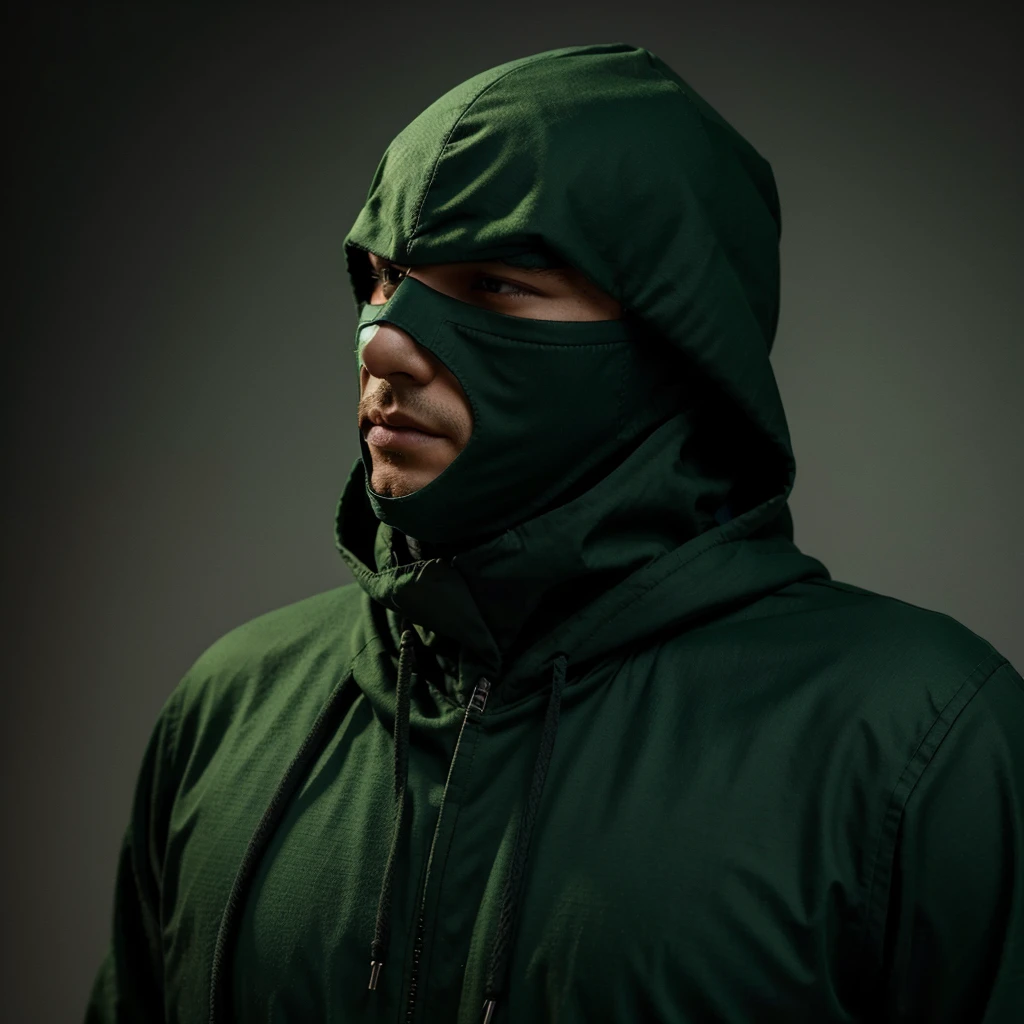 Create a man with a green hood and mask