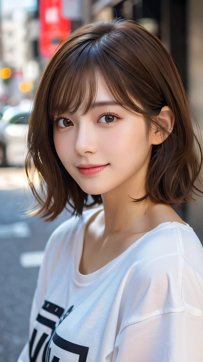 (Highest quality,8K quality,masterpiece:1.3,),(Ultra-high resolution:1.3,Realistic:1.4,RAW Photos:1.2),(Very detailed:1.2,Glowing Skin,Detailed skin:1.1),(Detailed face,Perfect Anatomy,Caustics:1.2), (Symmetrical eyes:1.3),1 girl,cute,Japanese,22 years old,Japanese Ido,Natural brown hair,Short hair curled outwards,cute目,Natural Makeup,Oversized T-shirt,Laughter,Looking into the camera,On the face,Face Focus,Street Corner,Professional Writing,Natural soft light,