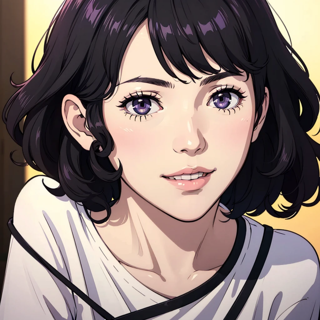 man, short purple curly hair, friendly smile, alone, boy, colorful illustration, vibrant colors, soft lighting, (best quality,4k,highres,masterpiece:1.2),ultra-detailed,(realistic,photorealistic,photo-realistic:1.37),detailed facial features, expressive eyes, casual outfit black and white