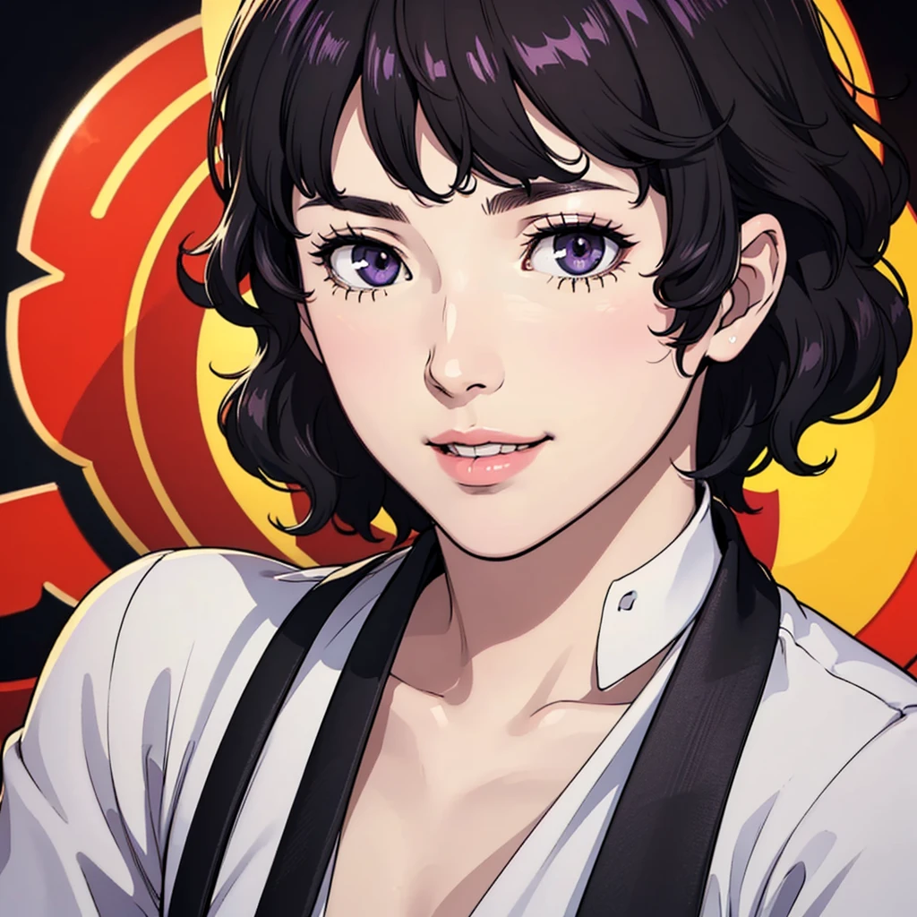 man, short purple curly hair, friendly smile, alone, boy, colorful illustration, vibrant colors, soft lighting, (best quality,4k,highres,masterpiece:1.2),ultra-detailed,(realistic,photorealistic,photo-realistic:1.37),detailed facial features, expressive eyes, casual outfit black and white
