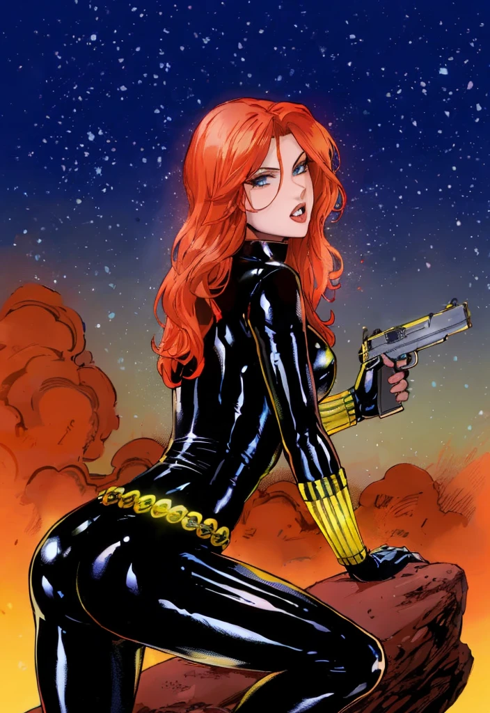 Black Widow, is known from the Marvel series. She's depicted with red hair and blue eyes, dressed in a sleek skin-tight shiny black latex bodysuit with a belt made of golden circles. She's holding a gun in her left hand, and she's in a crouching pose on a rock. The background features a bold red sky with white stars. The character appears ready for action.